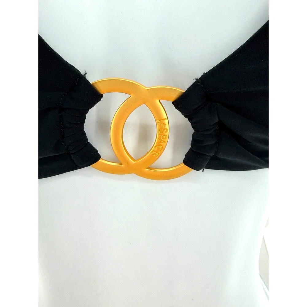 L*Space‎ Black Halter Bikini Top Gold Ring Hardware Small S NWT Luxe Lounging